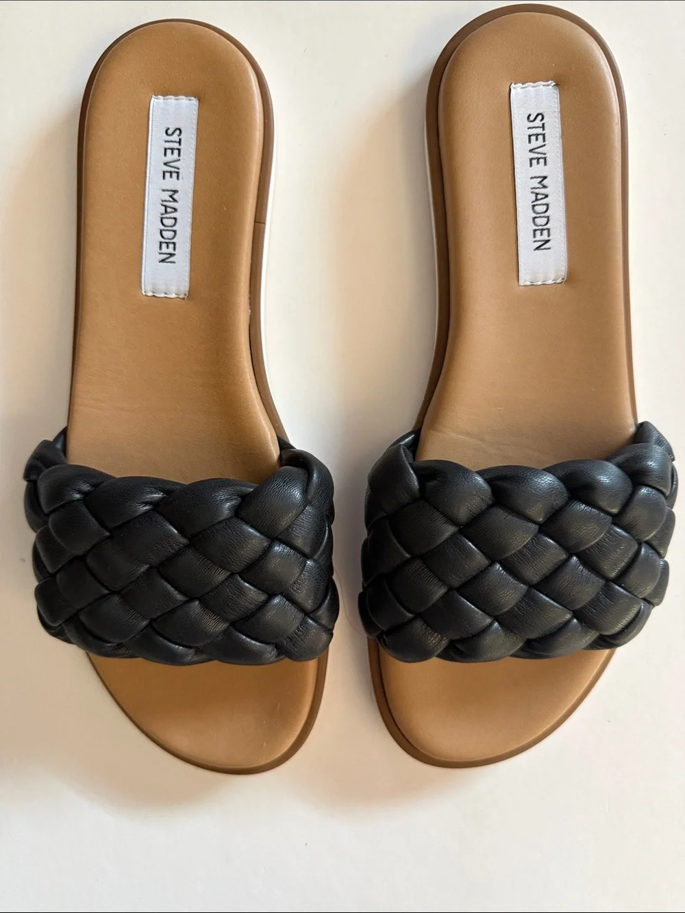STEVE MADDEN PAISLEE BLACK BRAIDED SLIDE SANDALS, 9